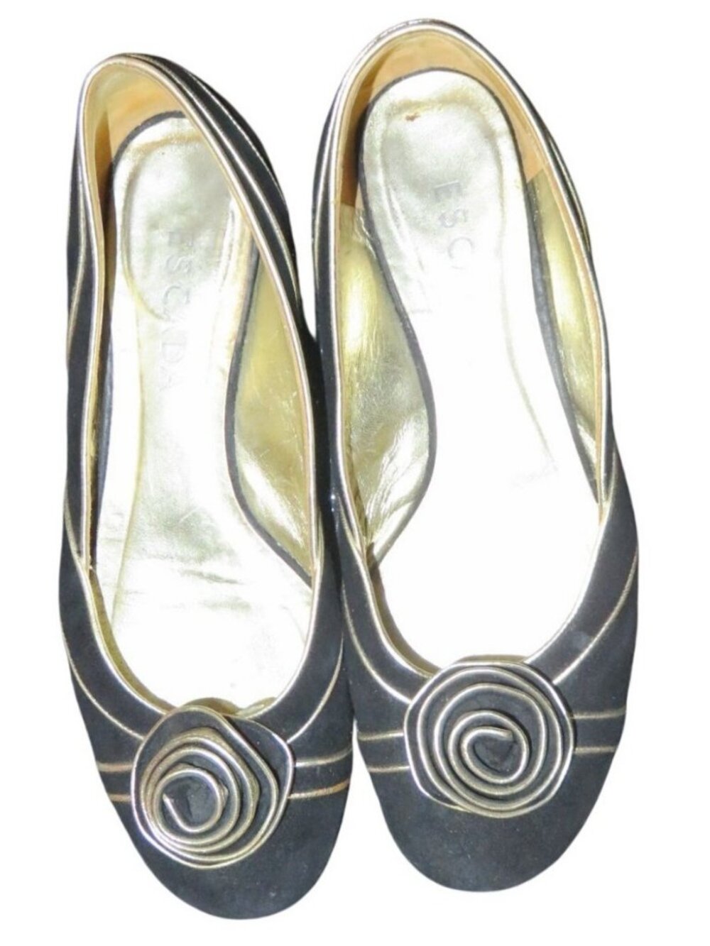 Escada Vintage Black Italian Suede Leather Gold Cone Embellished flats 38 or 8
